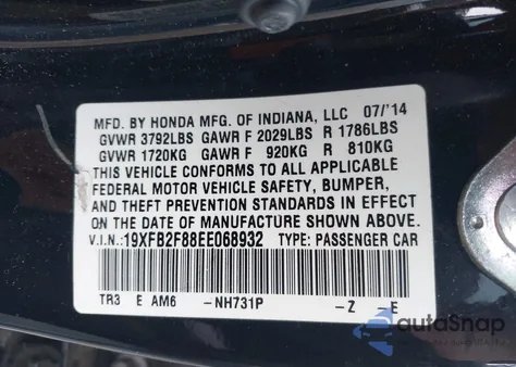 2014 Honda Civic Ex из США, поврежденный, VIN 19XFB2F88EE068932